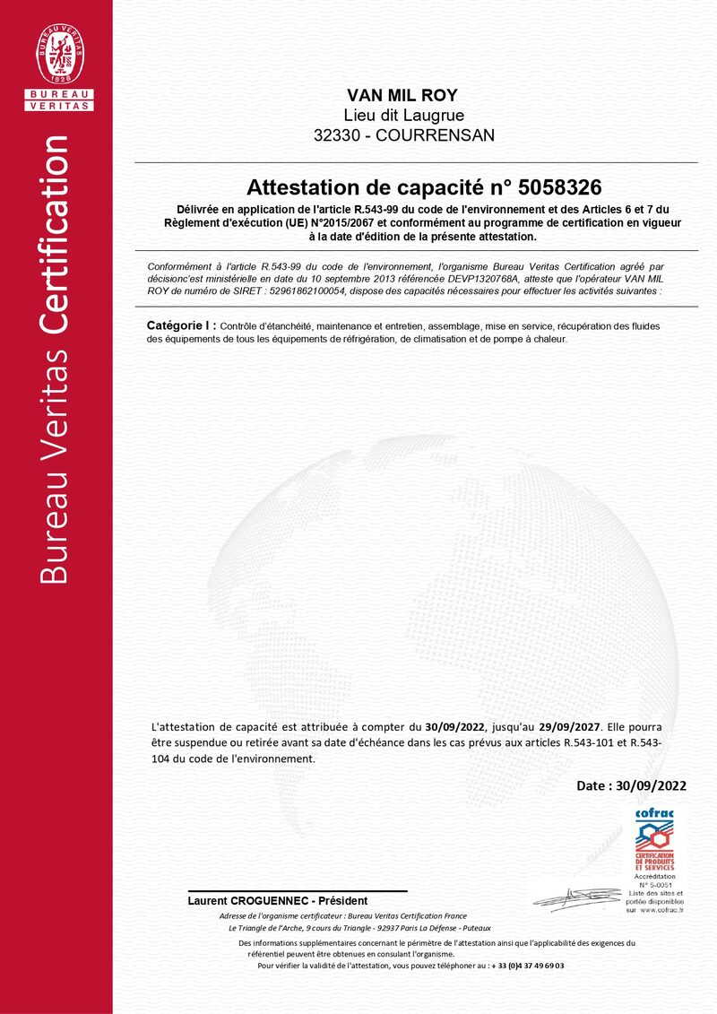 Attestation de Capacité Bureau Veritas