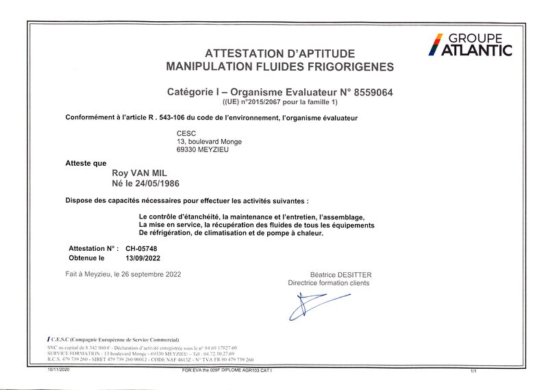 Attestation Fluides Frigorigènes