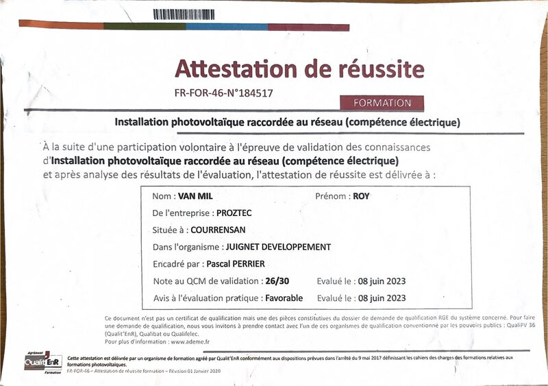 Attestation QualiPV